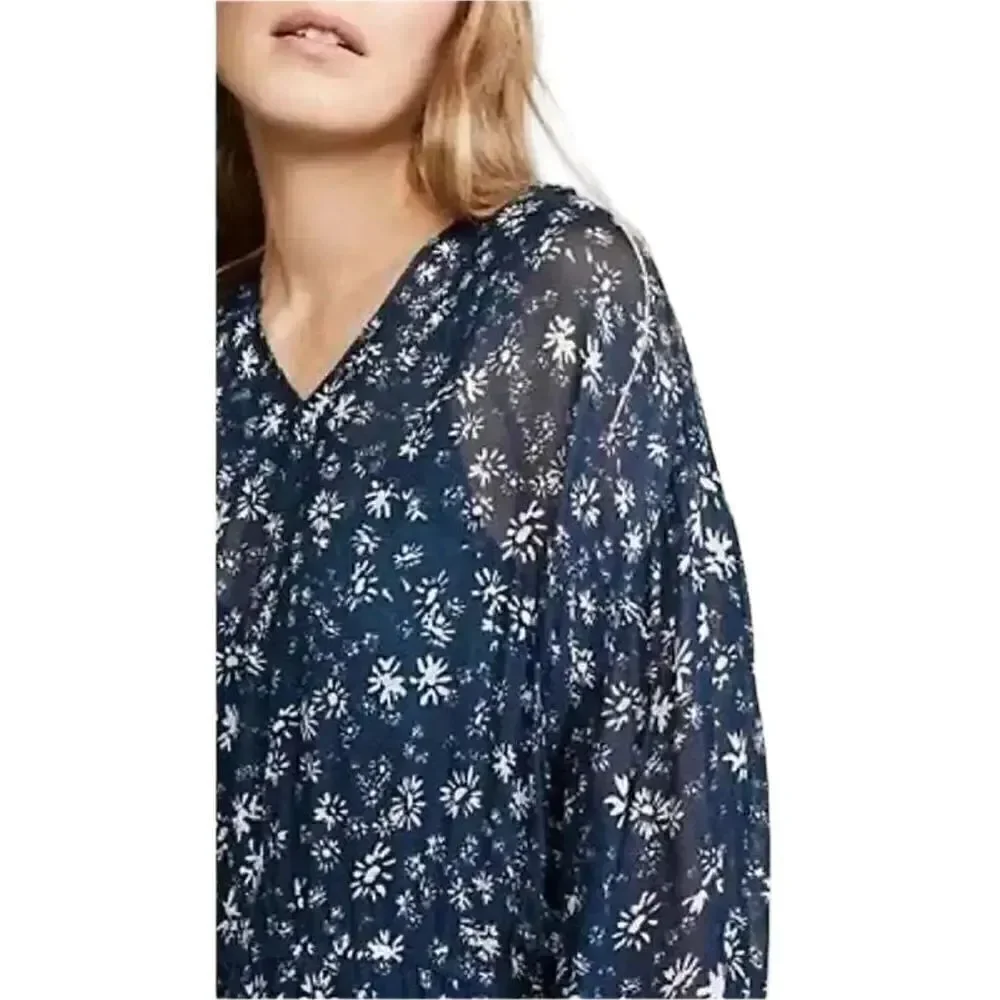 Free People Wallflower Midi Chiffon Dress Navy/White Flared Semi Sheer size S